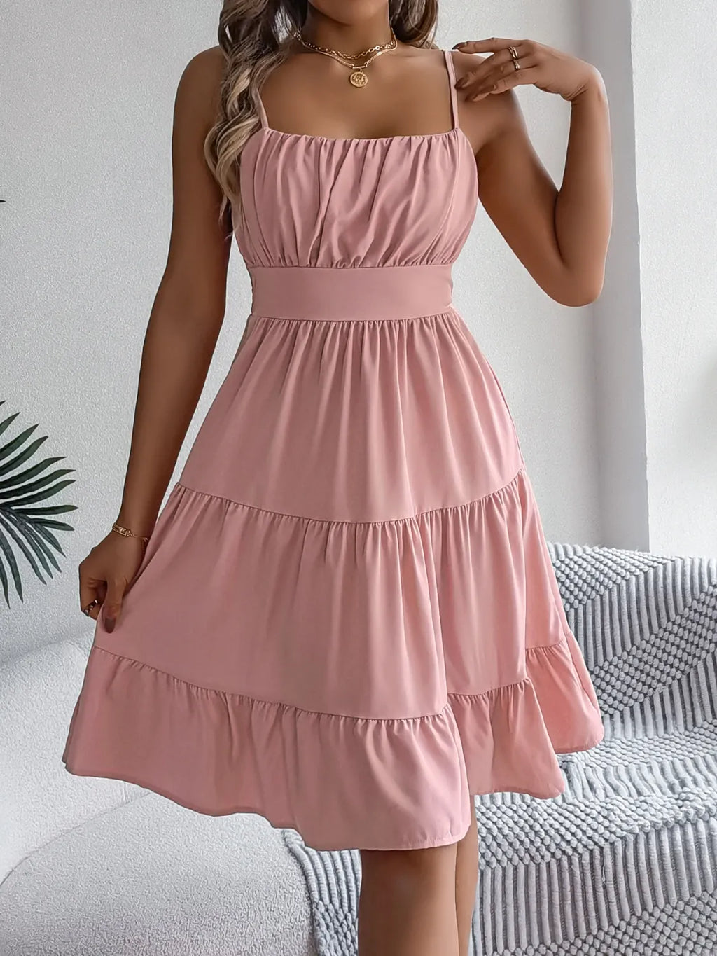 Smocked-Back Tiered Cami Mini Dress