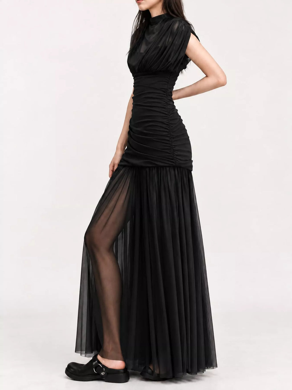 Mock-Neck Ruched Sheer Mesh Maxi Dress