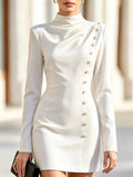 Mock-Neck Long-Sleeve Button-Detail Mini Dress
