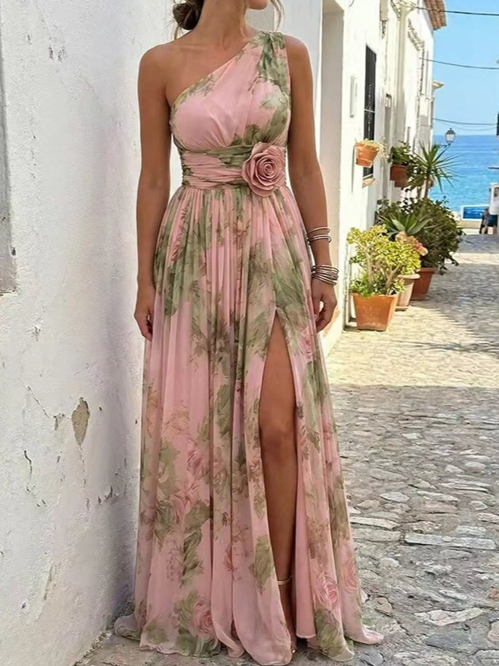 Pink One-Shoulder Floral Chiffon Maxi Dress