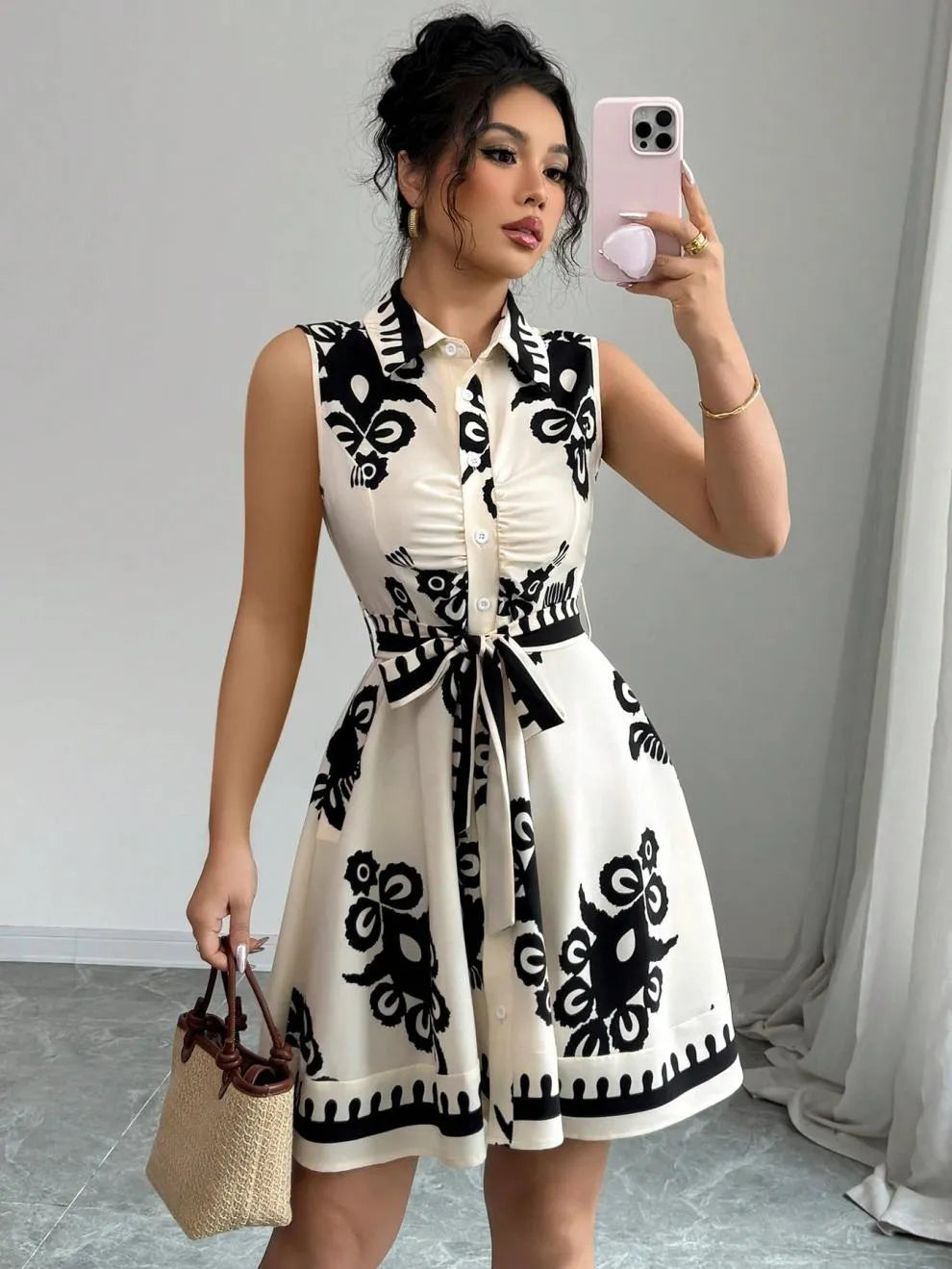 Printed Sleeveless Button-Front Dress