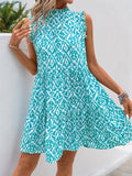 Perfee Printed Frill-Trim Sleeveless Tiered Mini Dress