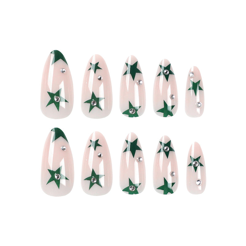 Green Star Nail Art Press-On Nails – 24 PCS Long Water Pipe Shape | Celestial ABS Acrylic — Prime Trend Market