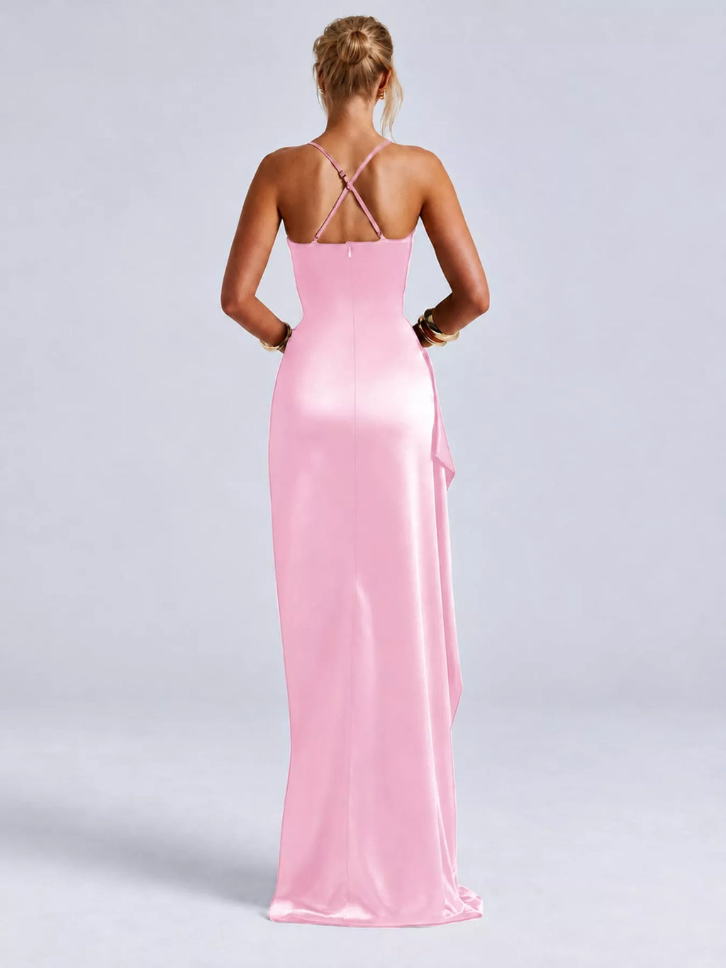 Satin Ruched High-Slit Maxi Dress