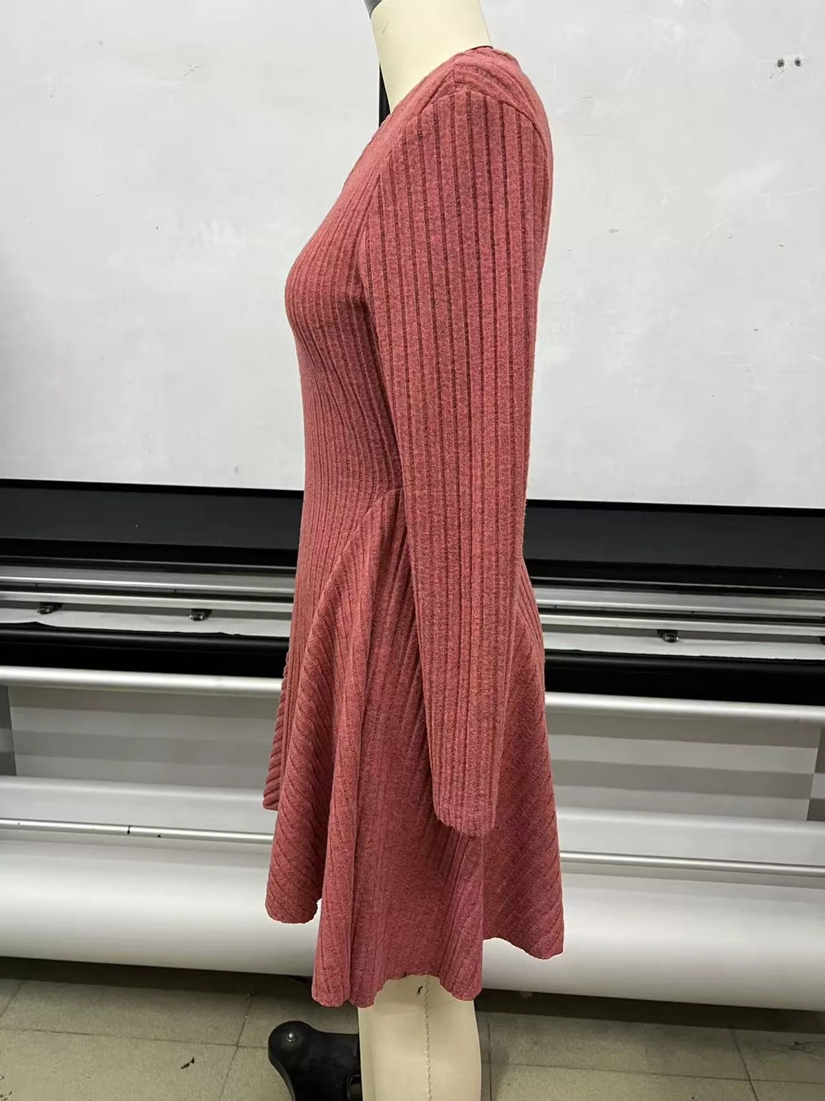 Long-Sleeve Ribbed Knit A-Line Mini Dress