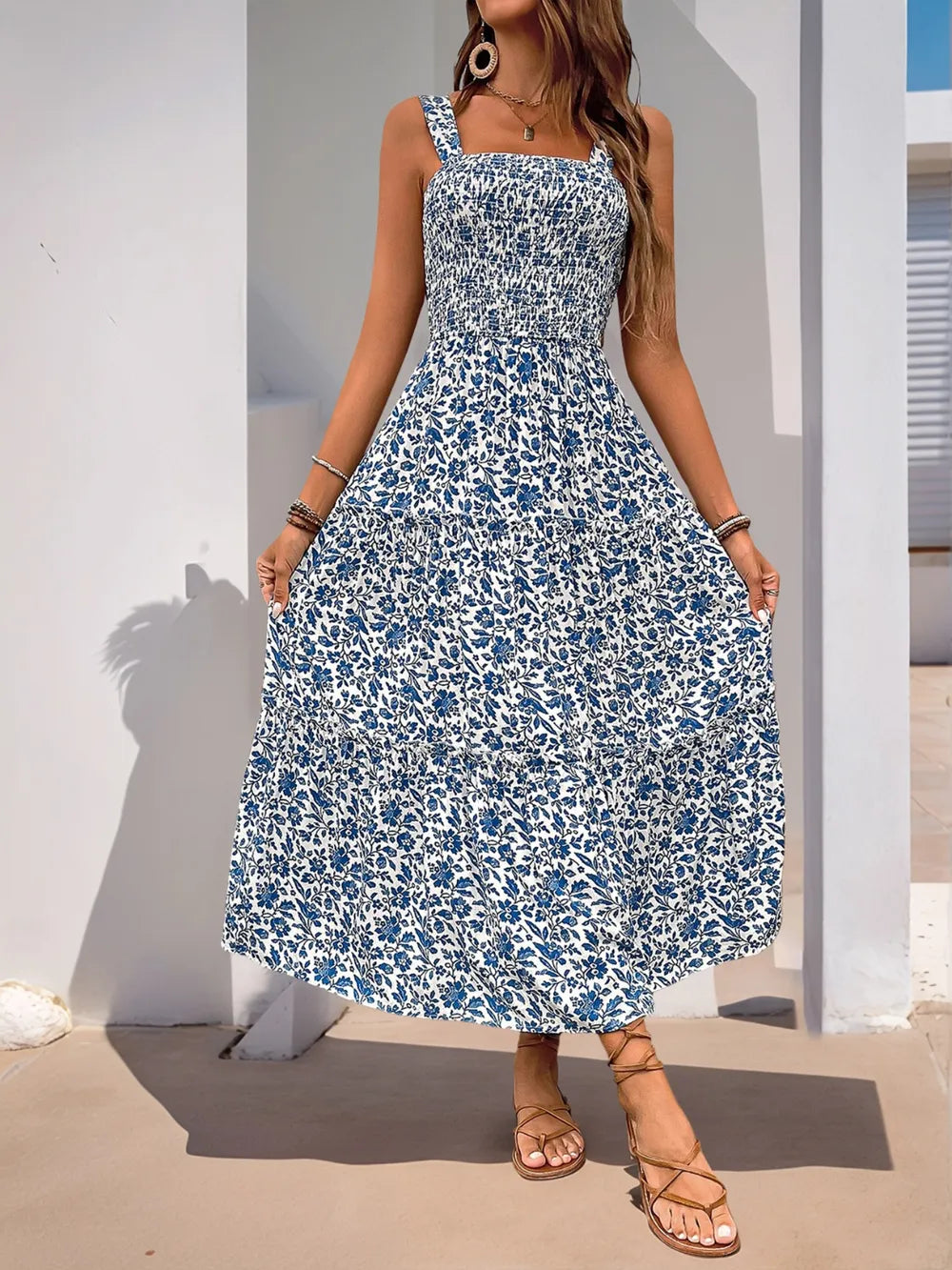 Perfee Floral Square-Neck Smocked Midi Cami Dress