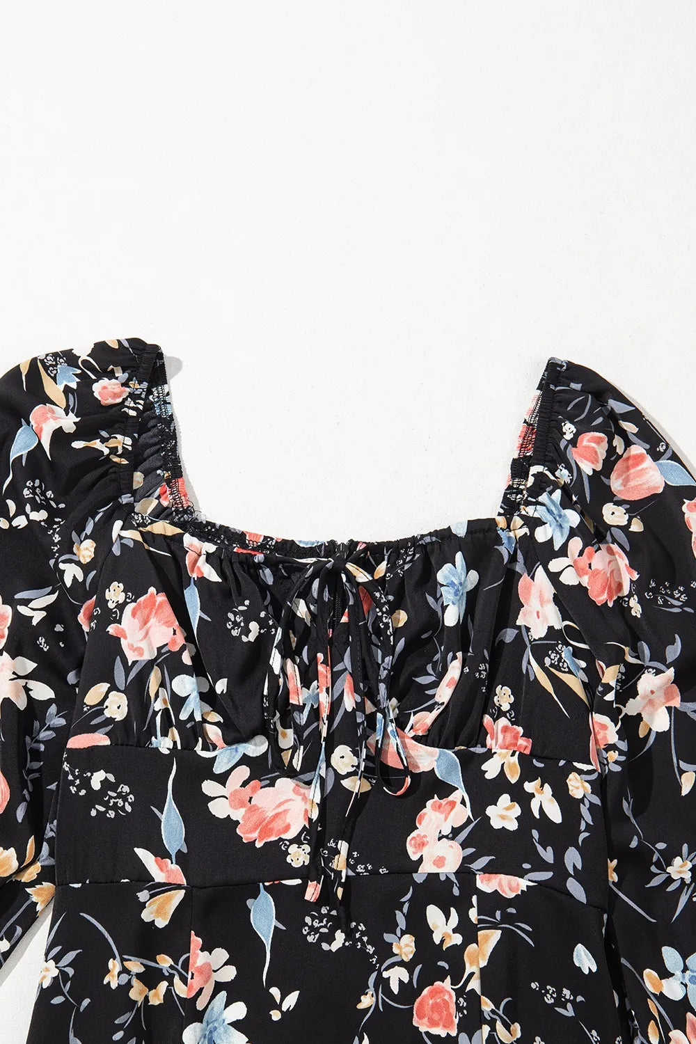 Floral Square-Neck Flounce-Sleeve Slit Midi Dress