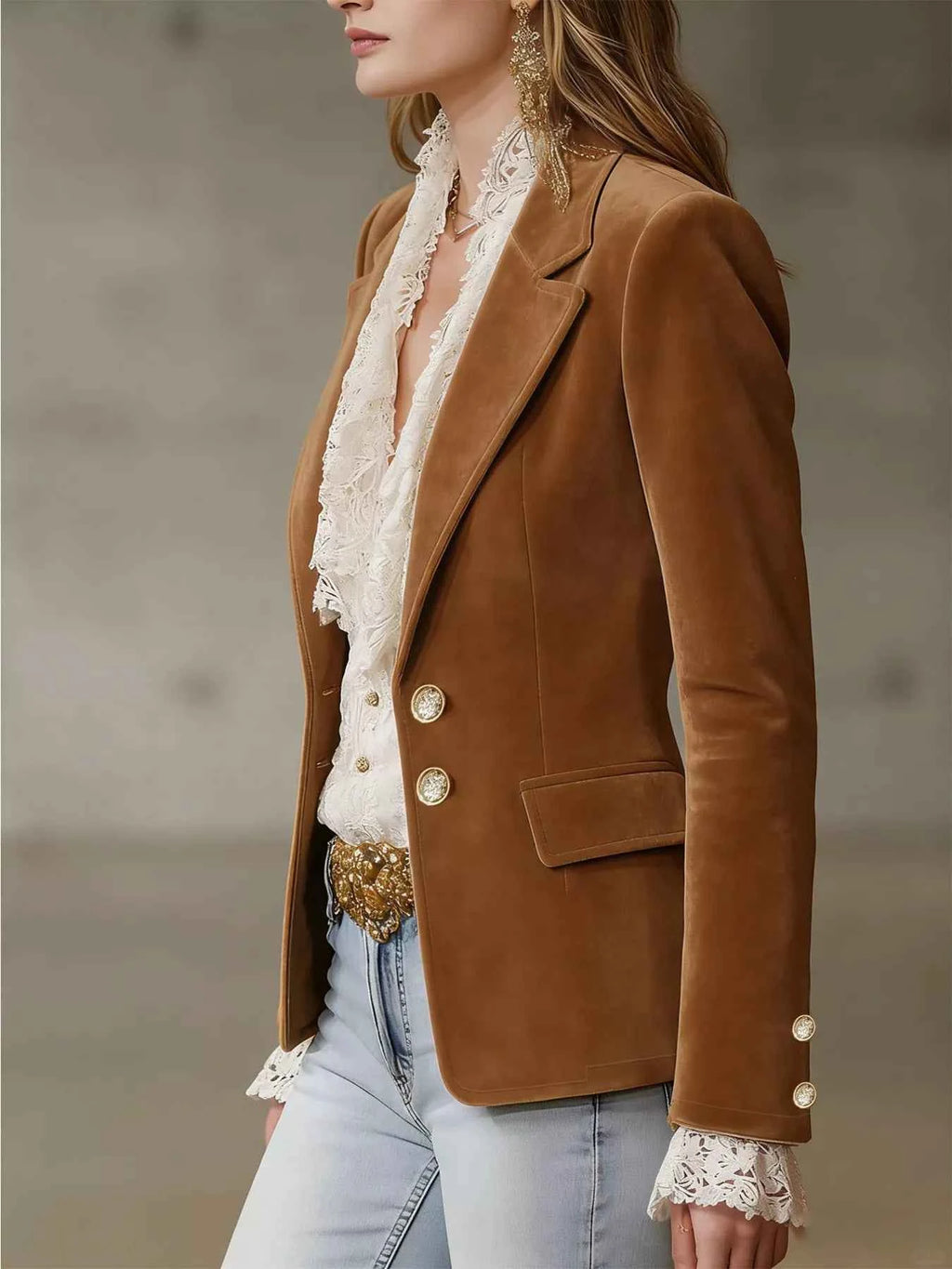 Brown Single-Breasted Lapel-Collar Blazer