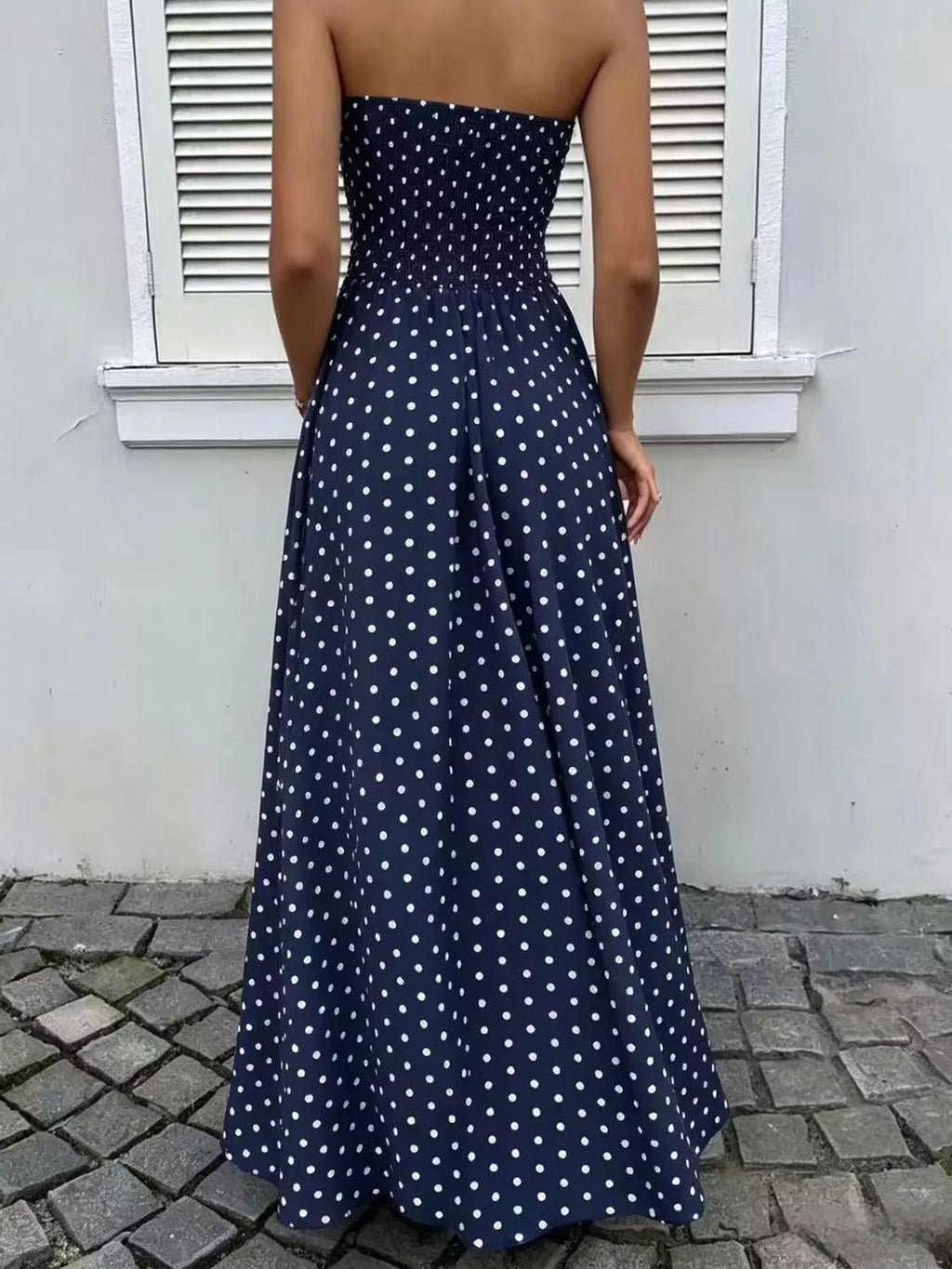 Strapless Polka-Dot Ruched Maxi Dress, S–2XL
