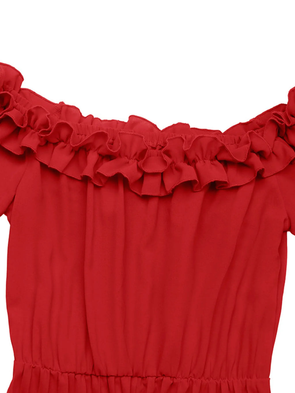 Red Off-Shoulder Ruffle Long-Sleeve Pleated Midi Dress