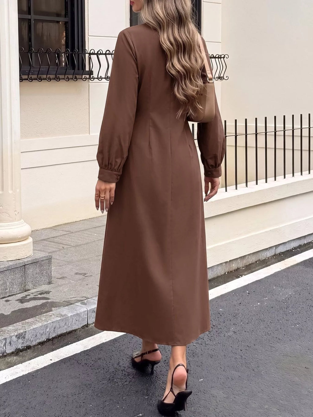 Coffee Brown Round-Neck Button-Front Long-Sleeve Midi Dress