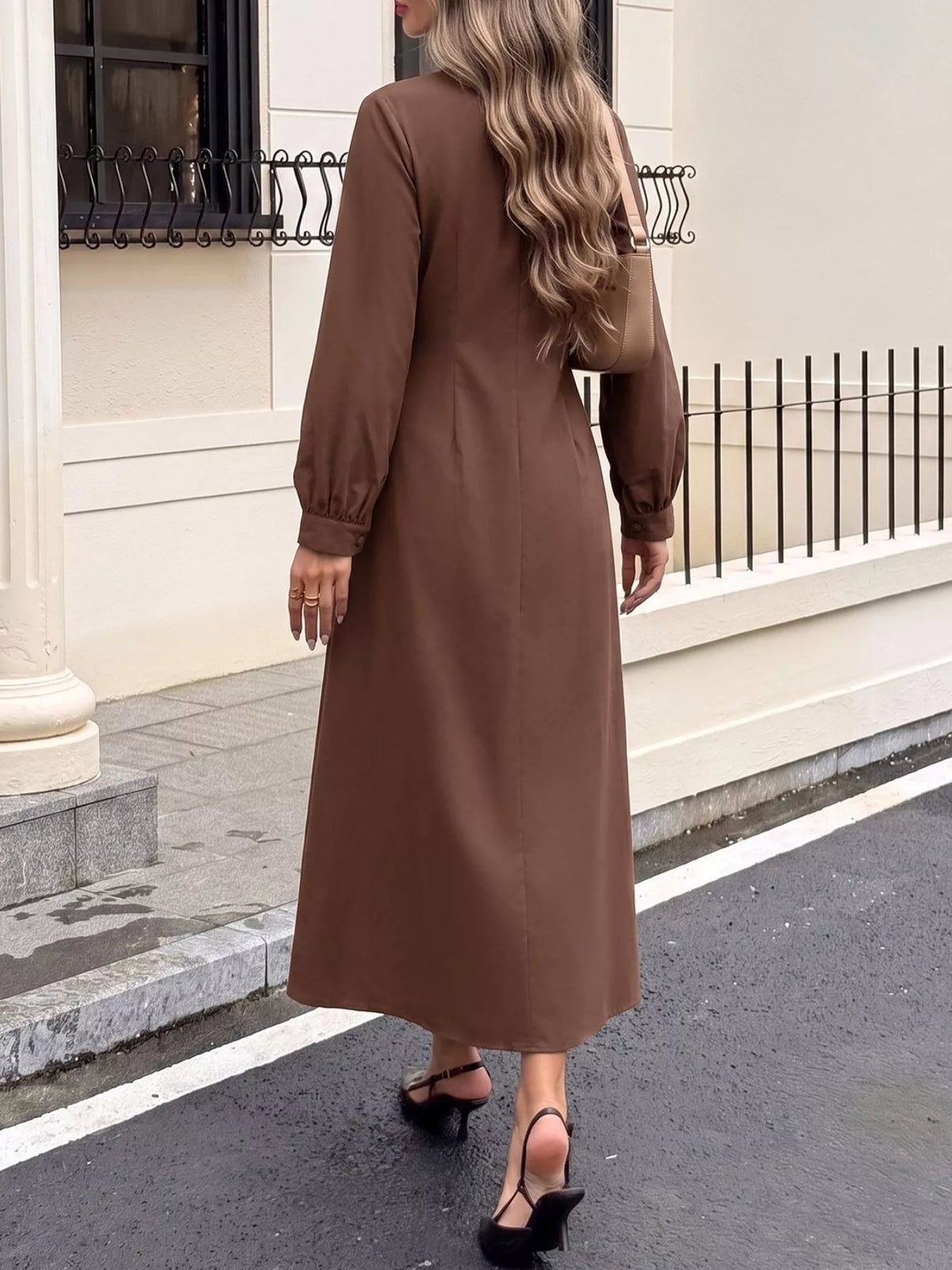 Coffee Brown Round-Neck Button-Front Long-Sleeve Midi Dress