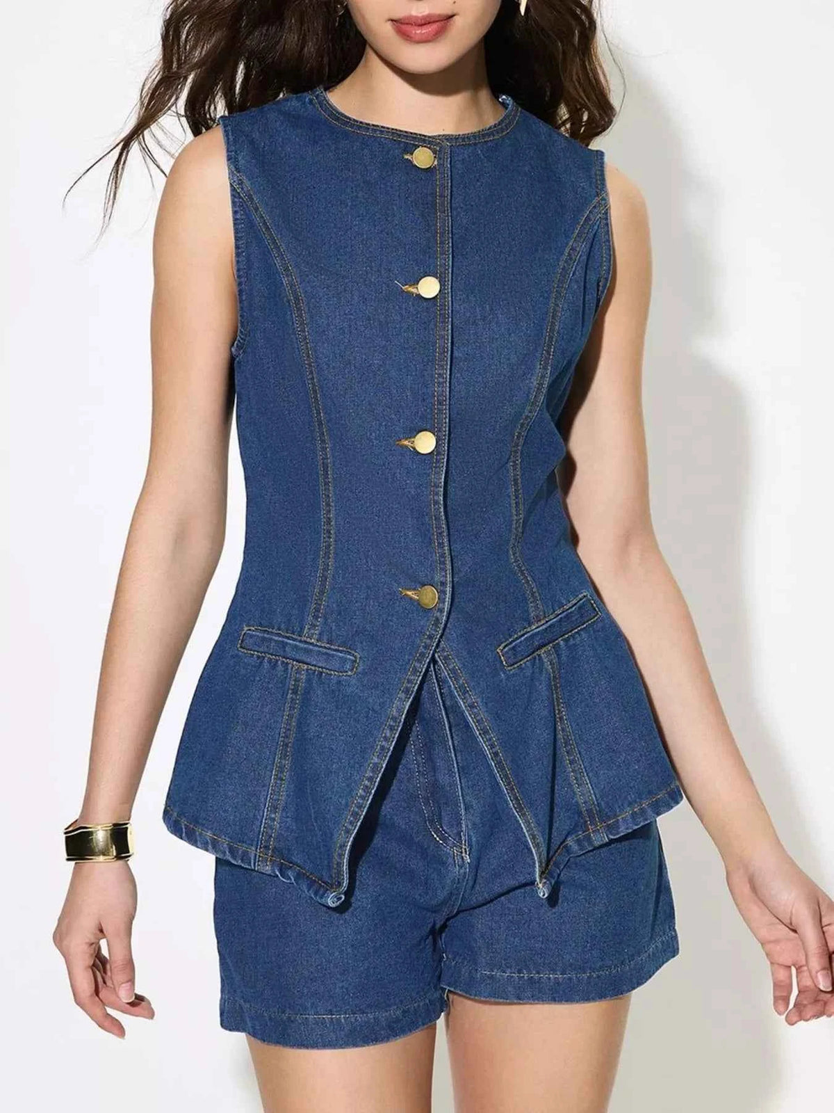 Blue Button-Up Sleeveless Denim Top
