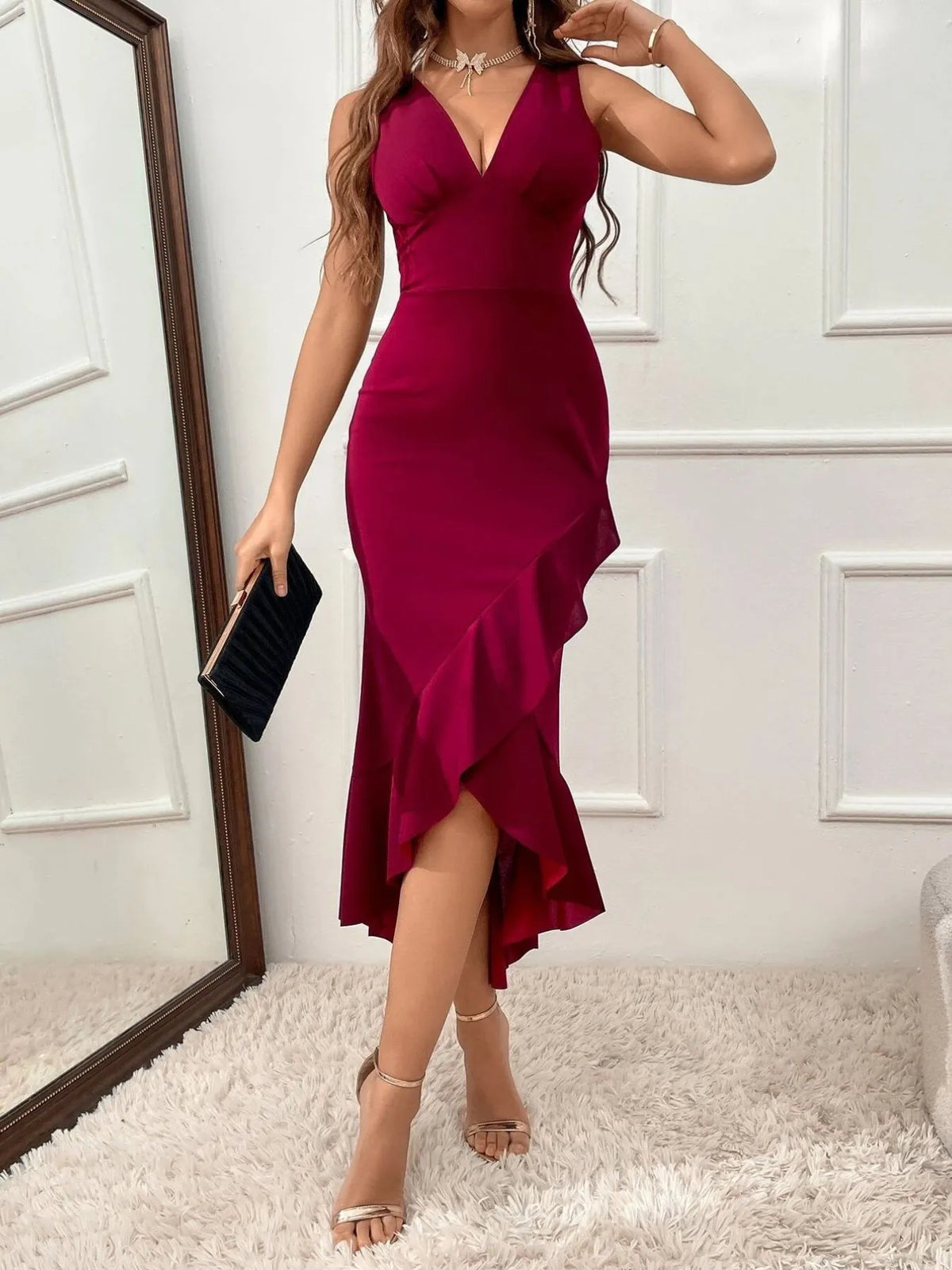Sleeveless V-Neck Ruffle-Hem Bodycon Dress
