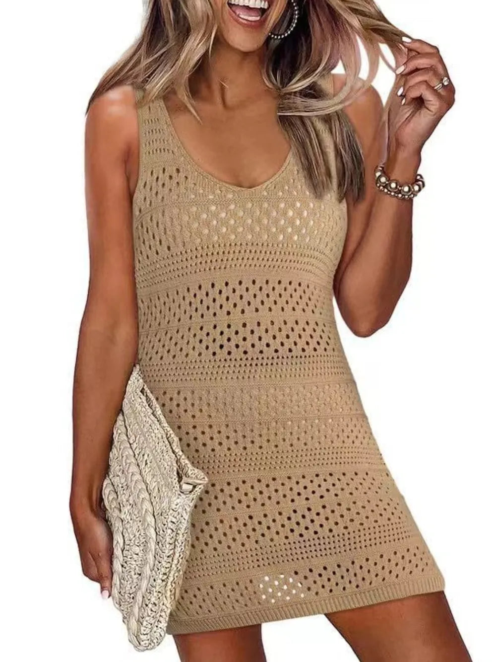 Openwork Scoop-Neck Side-Slit Swim Cover-Up