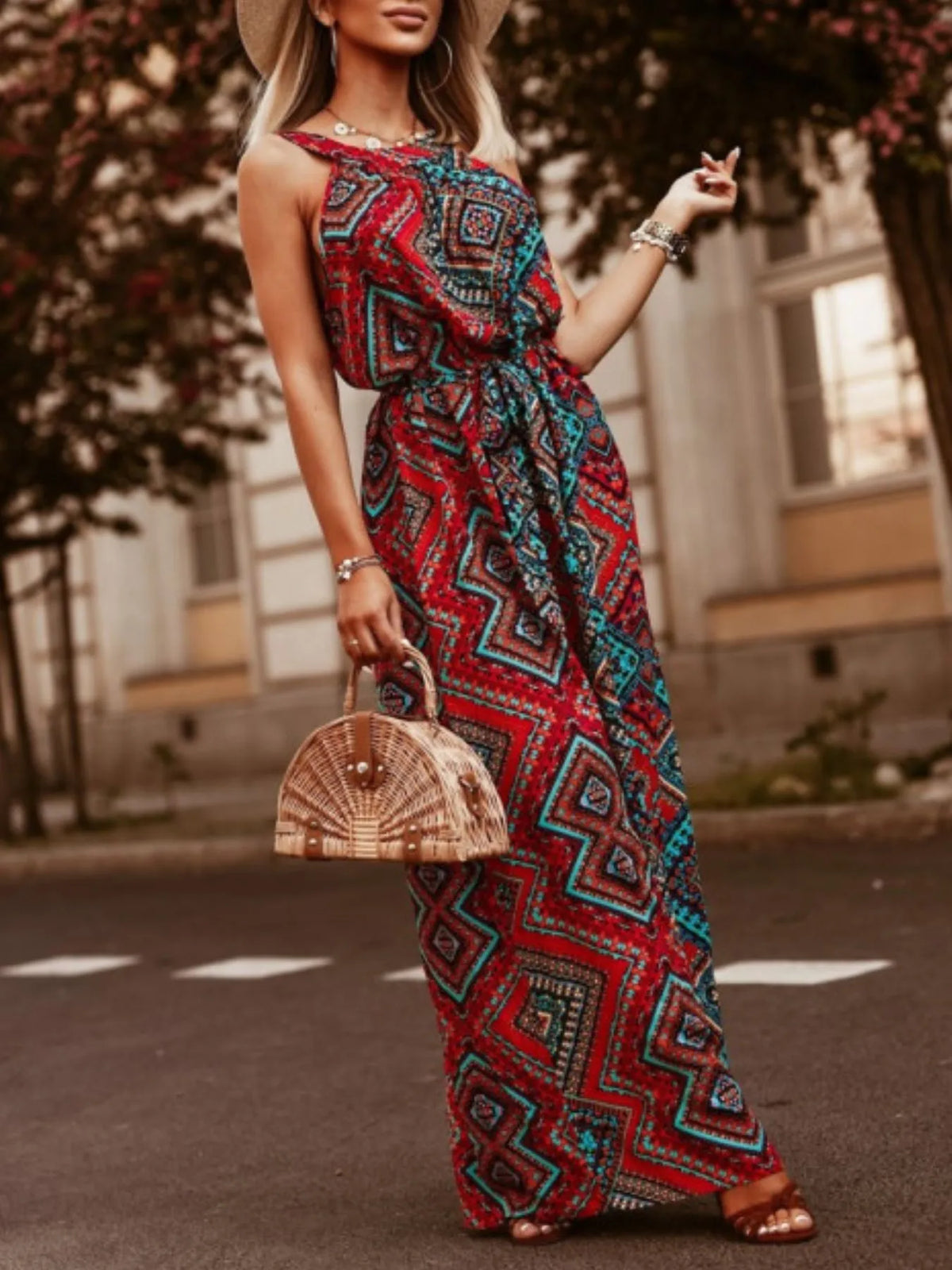 Tropical Floral Halter-Neck Tie-Waist Dress