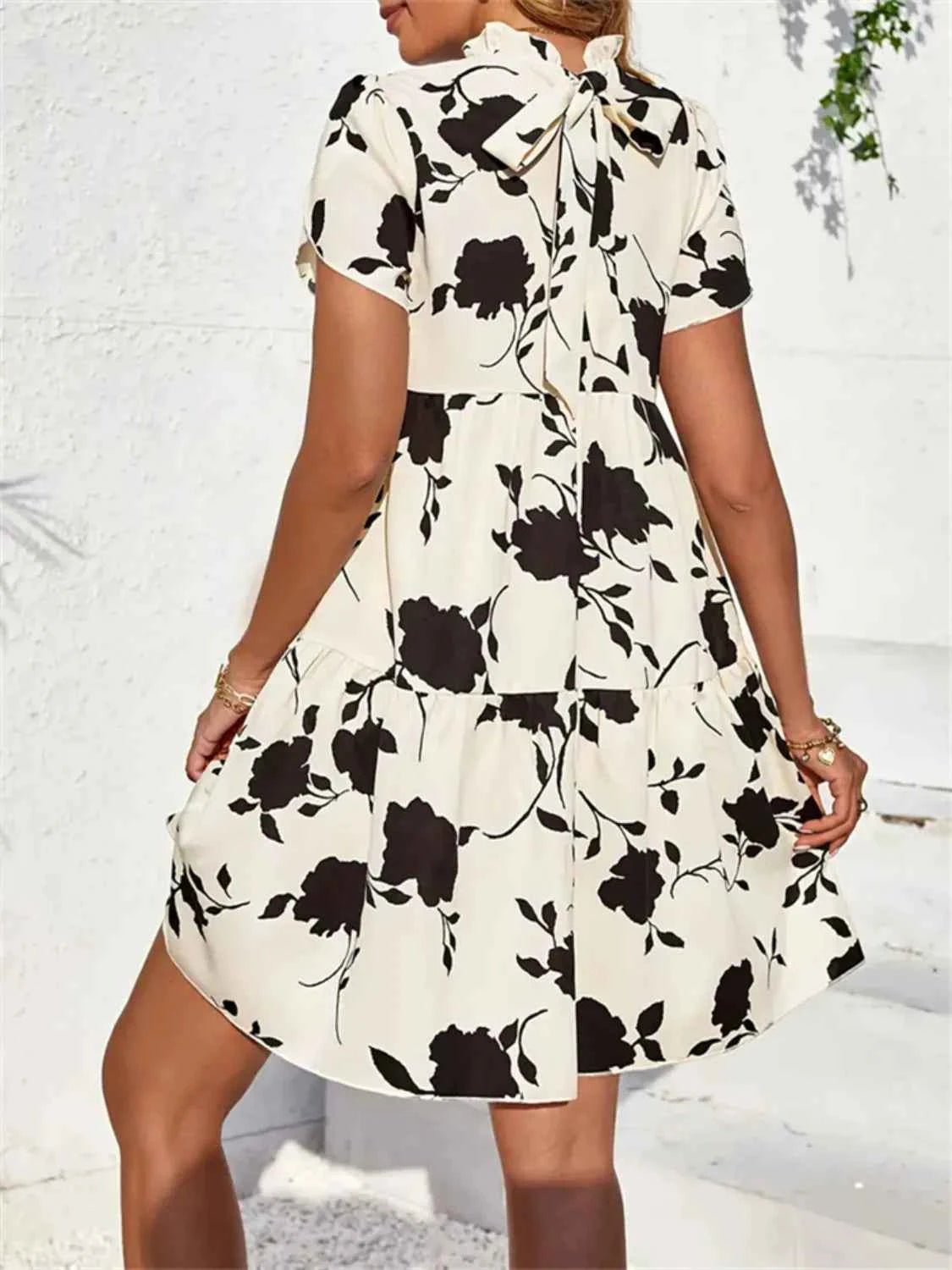 Black Floral Short-Sleeve Tiered Dress