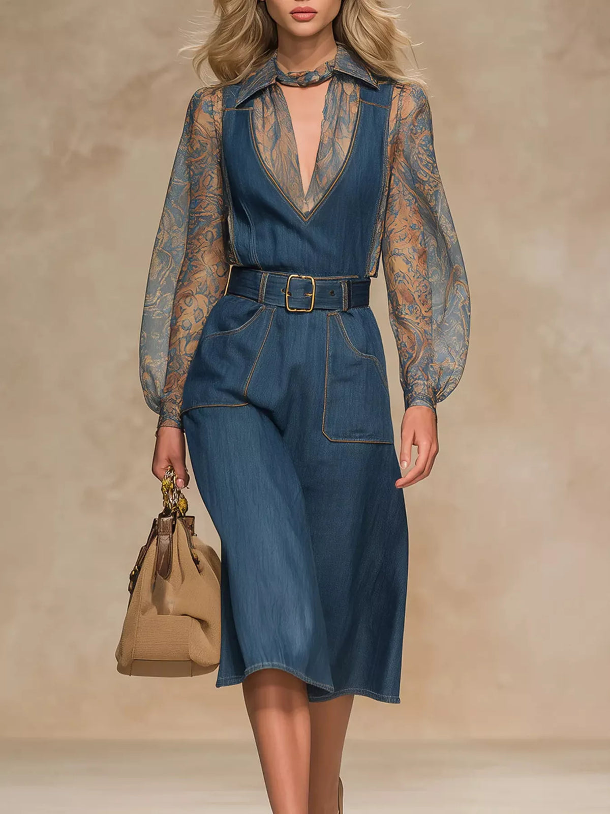 Sheer Floral-Sleeve Denim-Look Dress