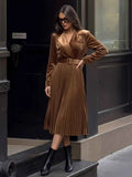 Coffee Brown Velvet-Look Pleated Midi Blazer Dress