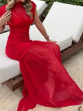 Mock-Neck Ruched Sheer Mesh Maxi Dress