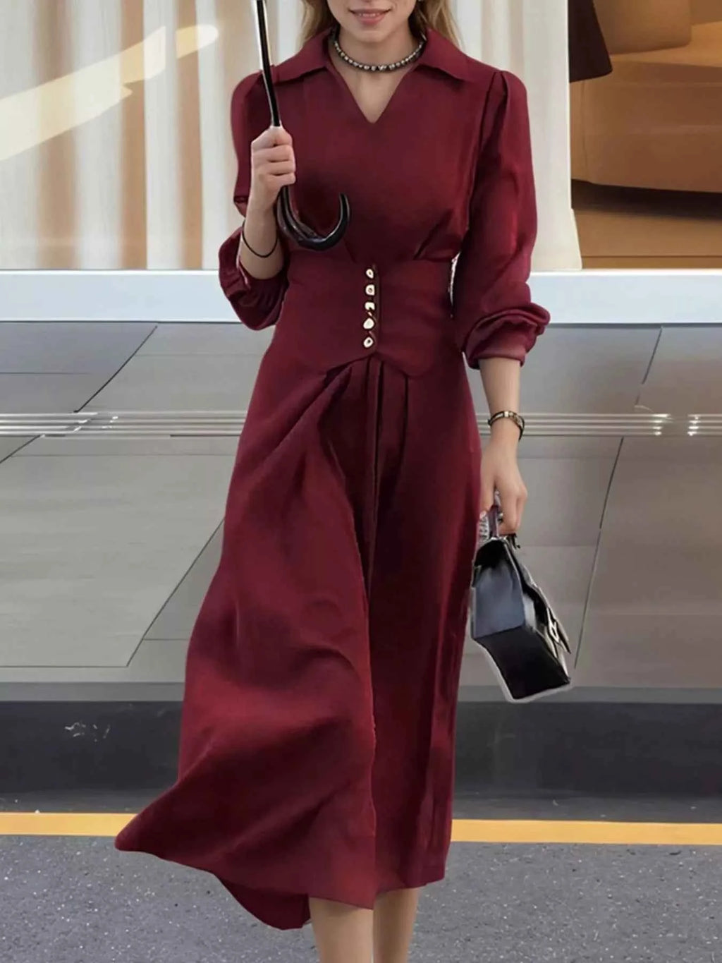 Burgundy Johnny-Collar Long-Sleeve Dress