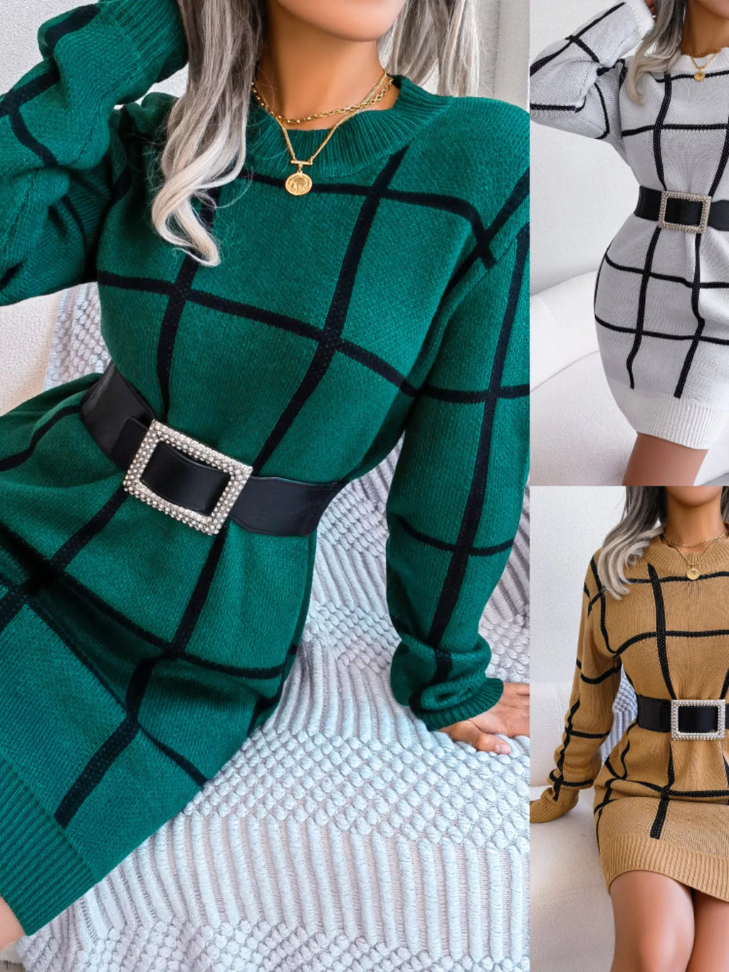 Windowpane Plaid Round-Neck Sweater Mini Dress