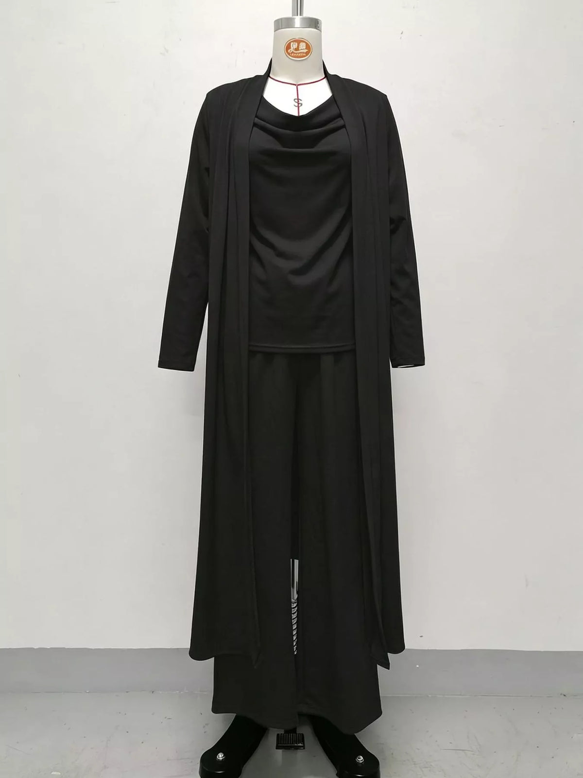 Cowl-Neck Top, Cardigan & Wide-Leg Pants Three-Piece Set