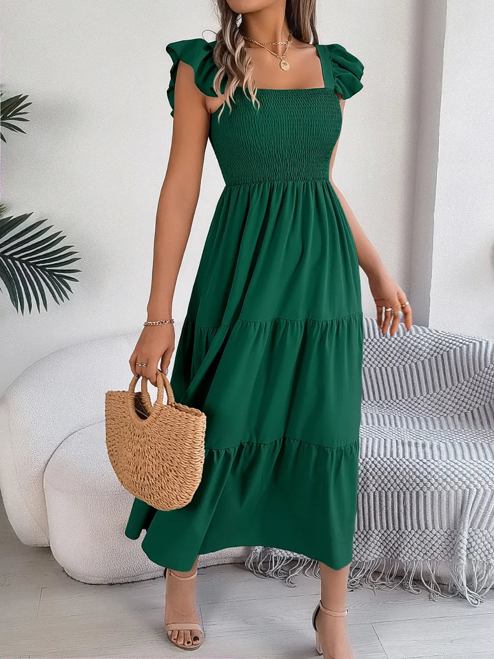 Smocked Square-Neck Cap-Sleeve Midi Dress