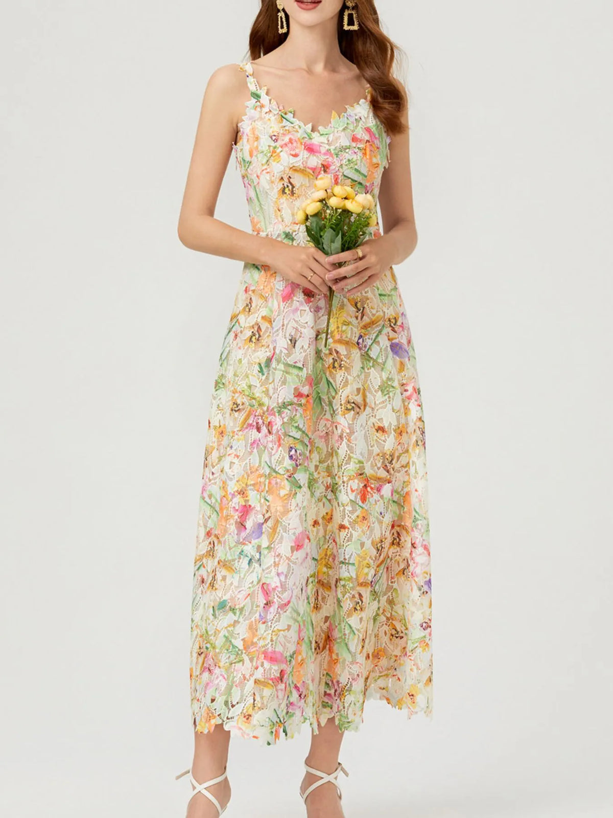 Floral Lace Sleeveless V-Neck Midi Dress