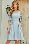 Light Blue Tie-Sleeve Cold-Shoulder Dress