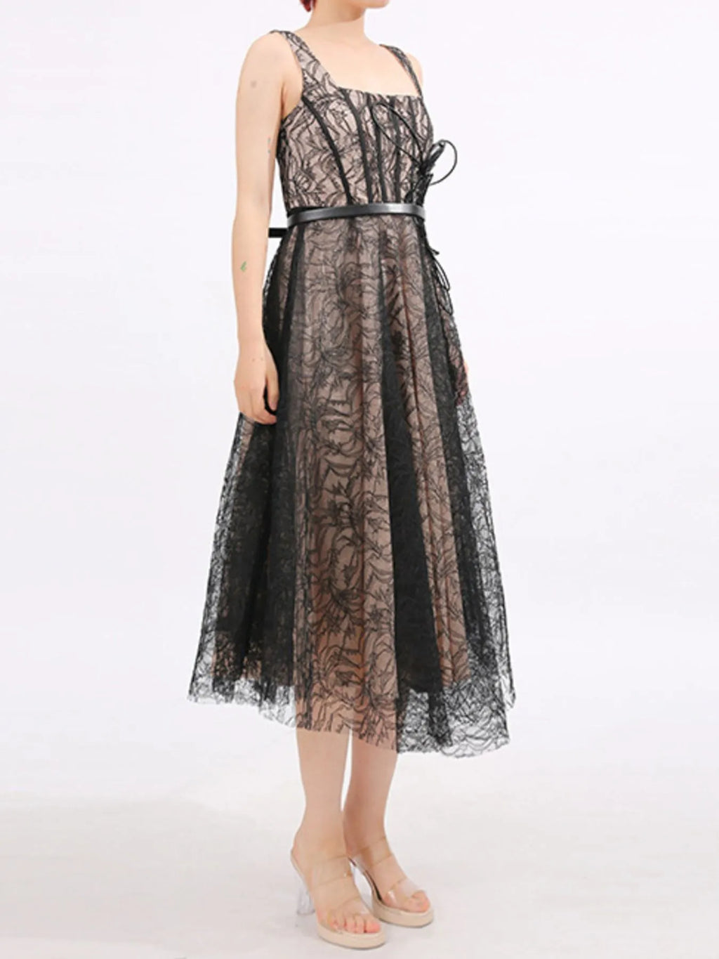 Lace Square-Neck Midi Dress