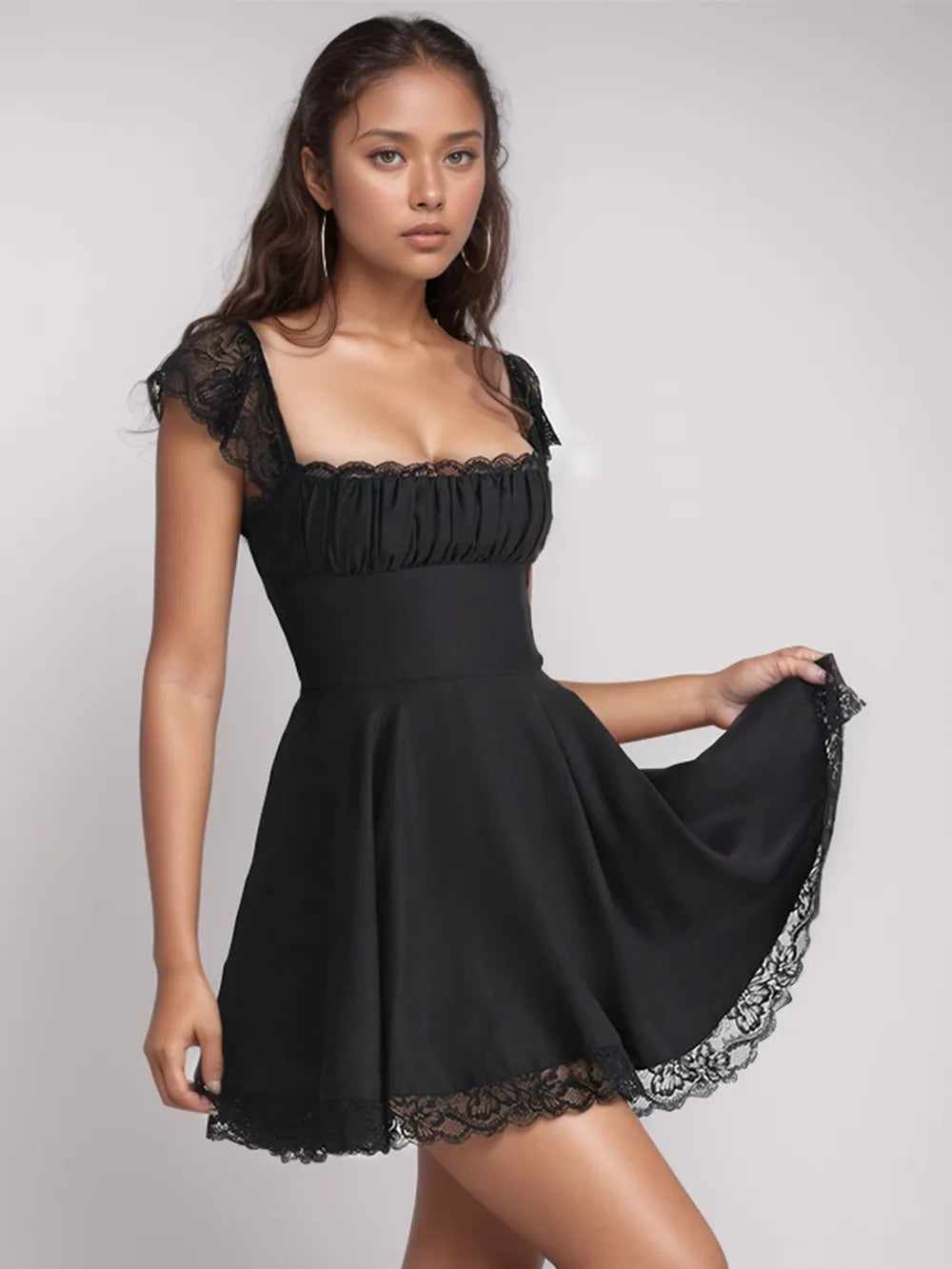 Lace-Detail Square-Neck Cap-Sleeve Mini Dress
