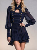 Decorative-Button Ruffled Tiered Mini Dress