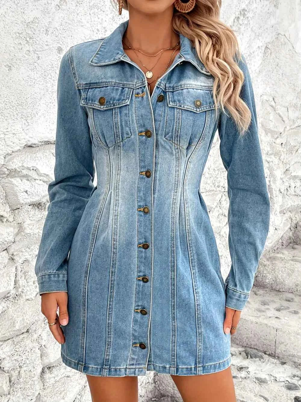 Button-Up Long-Sleeve Denim Dress with Pockets