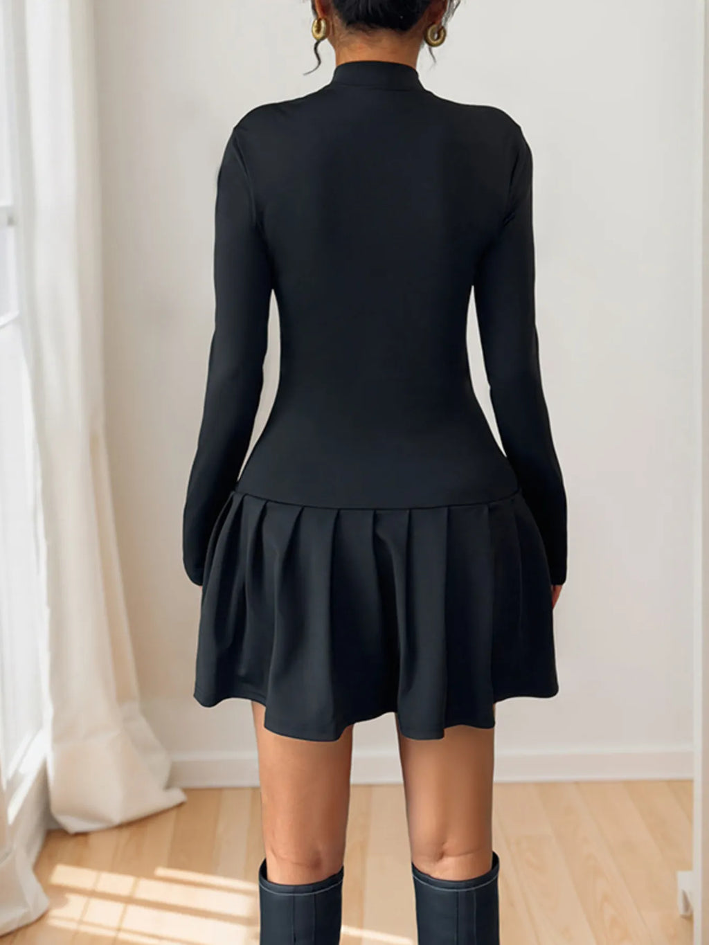 Perfee Black Decorative-Button Mock-Neck Mini Dress