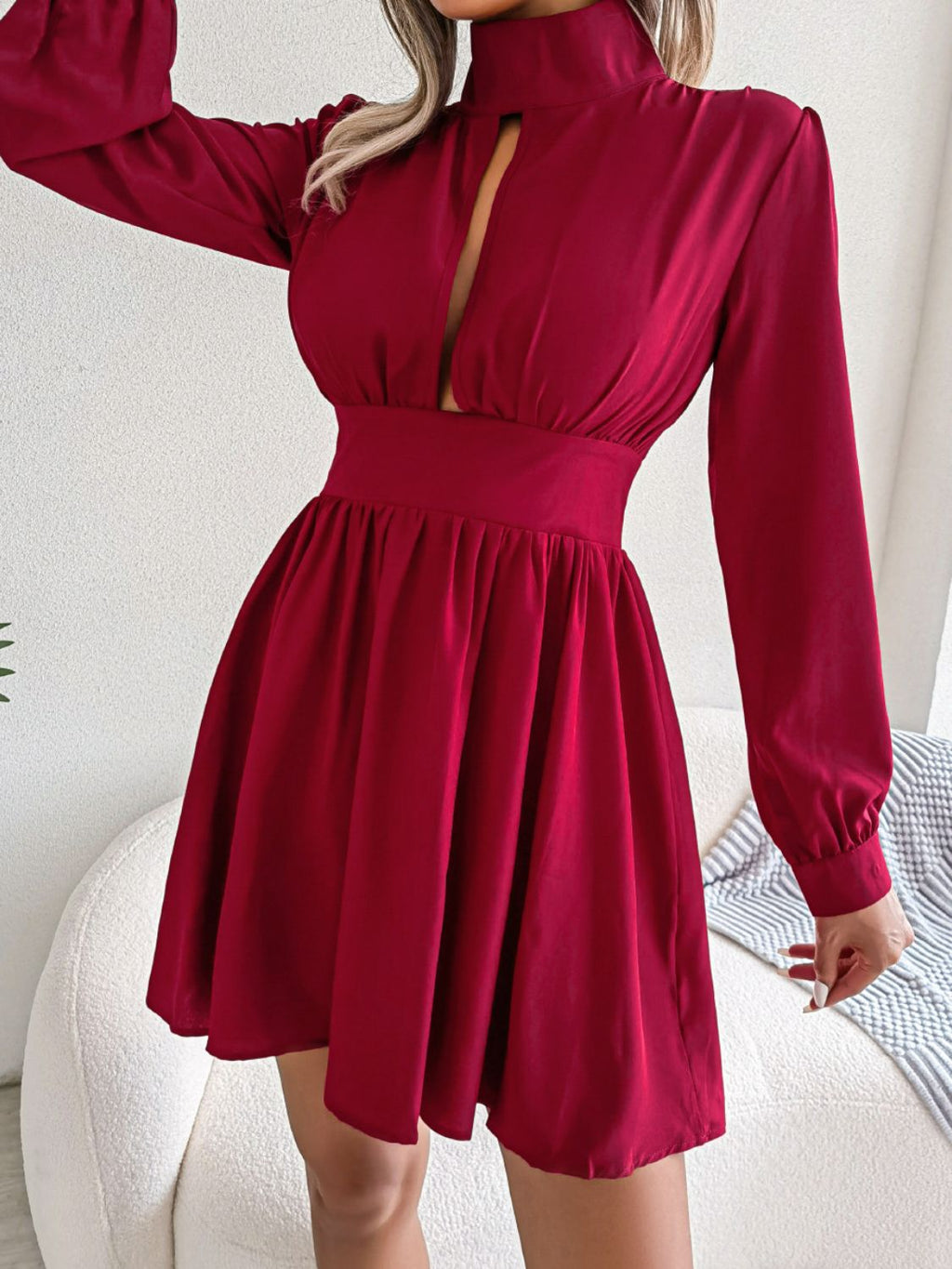 High-Neck Cutout Long-Sleeve A-Line Mini Dress