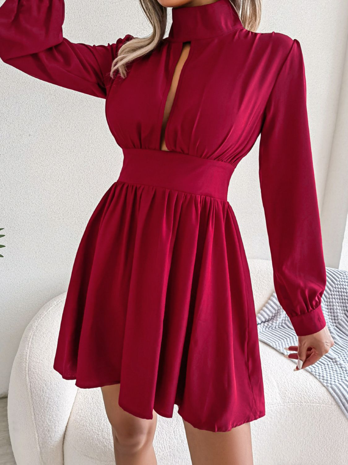 High-Neck Cutout Long-Sleeve A-Line Mini Dress