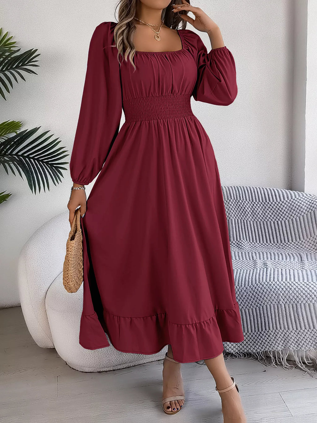 Square-Neck Smocked-Waist Long-Sleeve Midi Dress