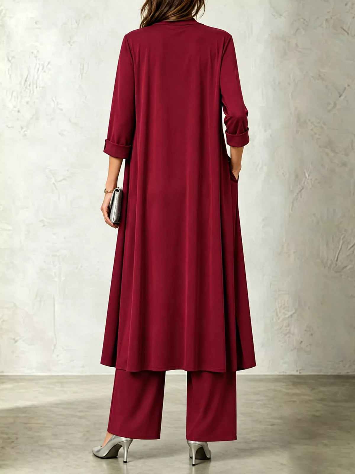 Cowl-Neck Top, Cardigan & Wide-Leg Pants Three-Piece Set