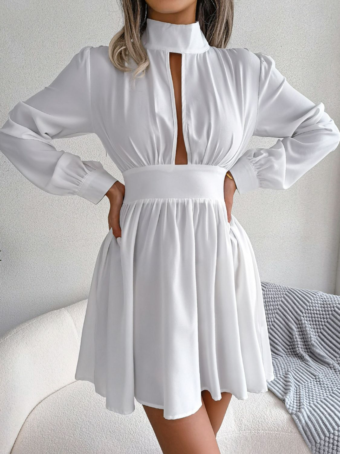 High-Neck Cutout Long-Sleeve A-Line Mini Dress