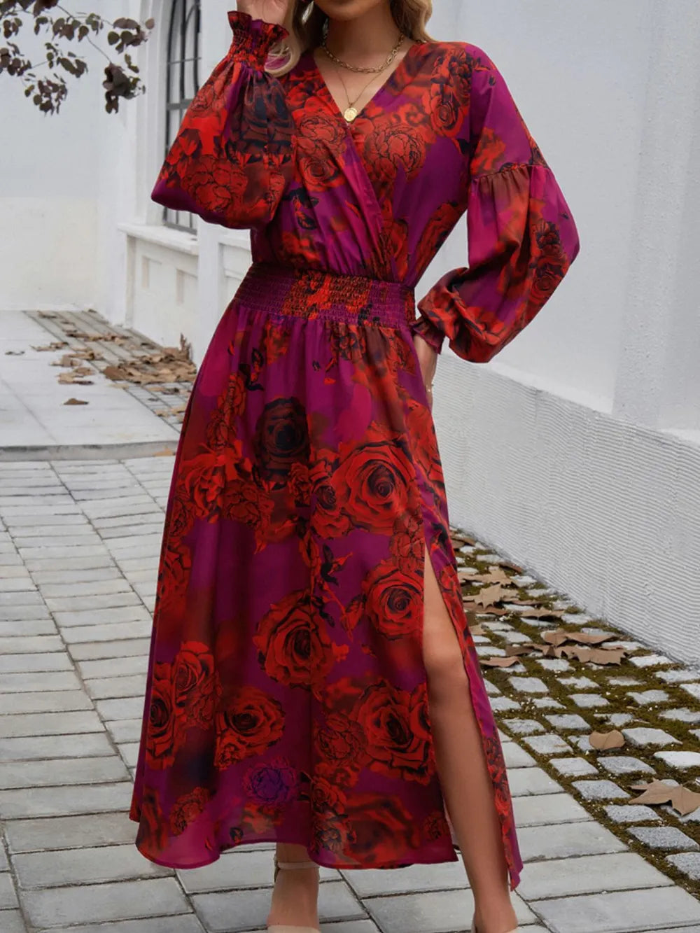 Devine Scarlet Floral Surplice Long-Sleeve Slit Dress