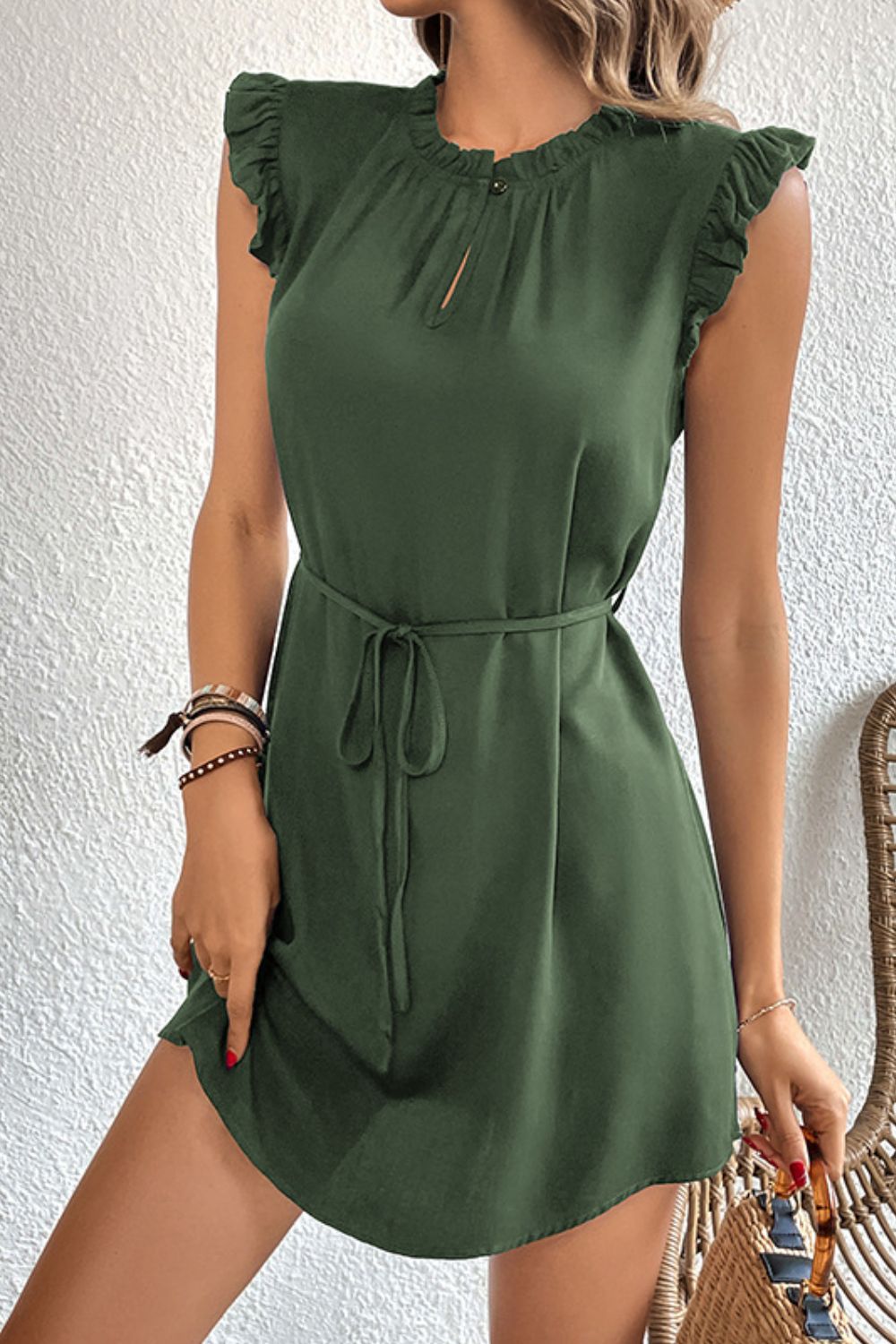 Perfee Ruffled Tie-Waist Keyhole Mini Dress