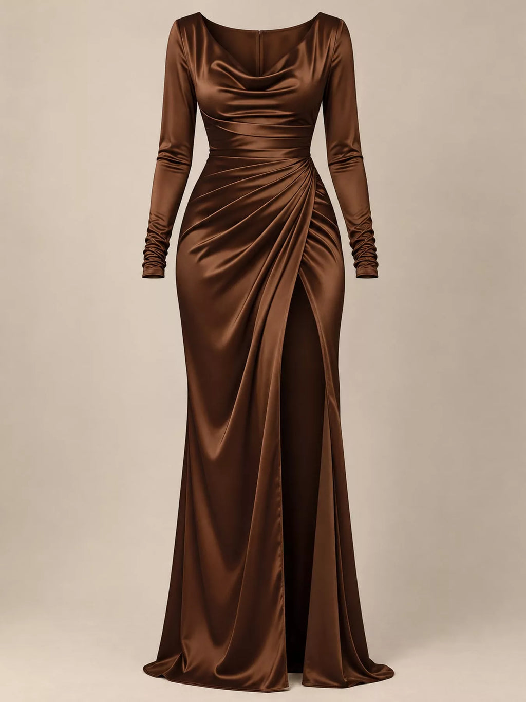 Satin Cowl-Neck Ruched High-Slit Maxi Dress
