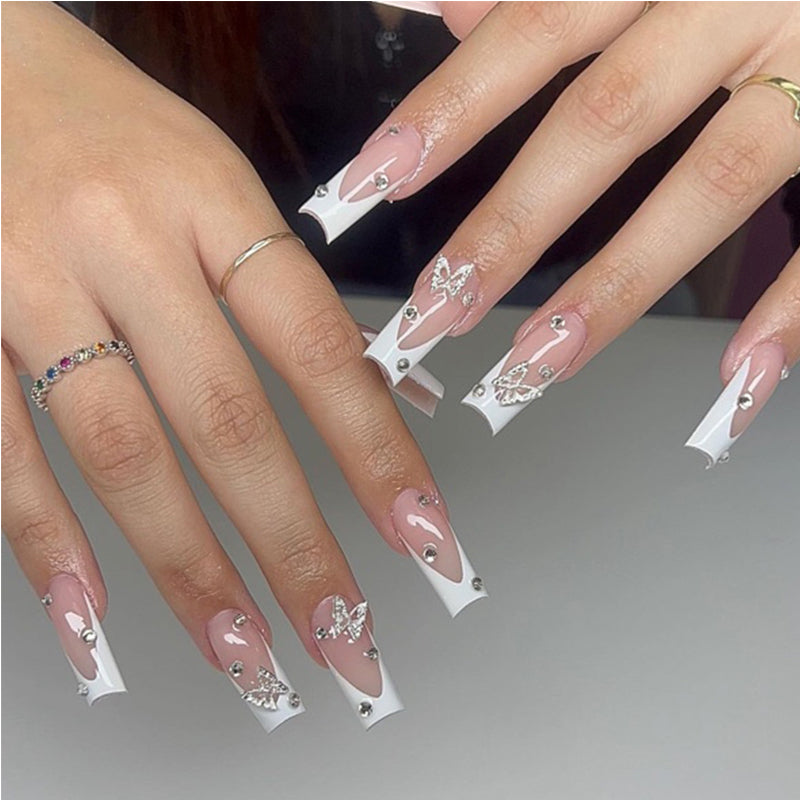 Diamond Butterfly Press-On Nails – 24 PCS Long Square Head Shape | Rhinestone Crystal Glam — Prime Trend Market