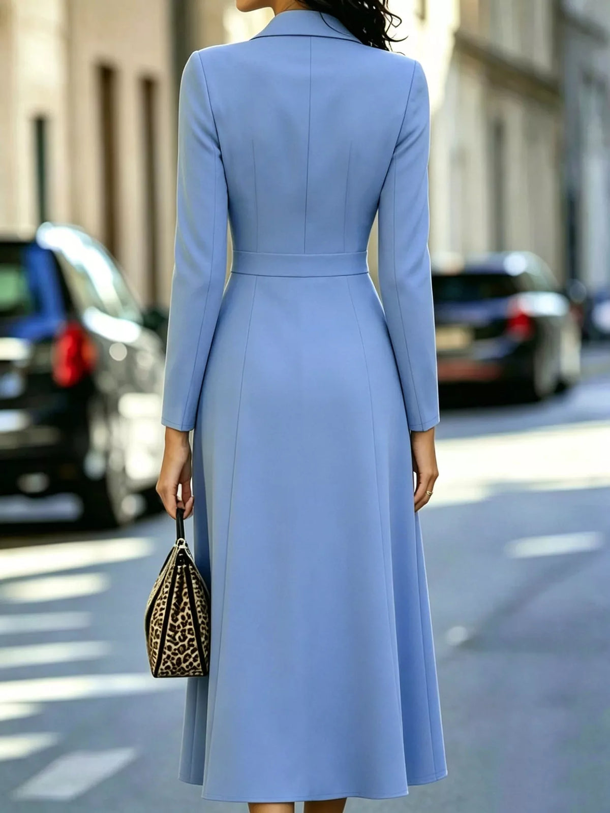 Double-Breasted Lapel-Collar Long-Sleeve Midi Dress