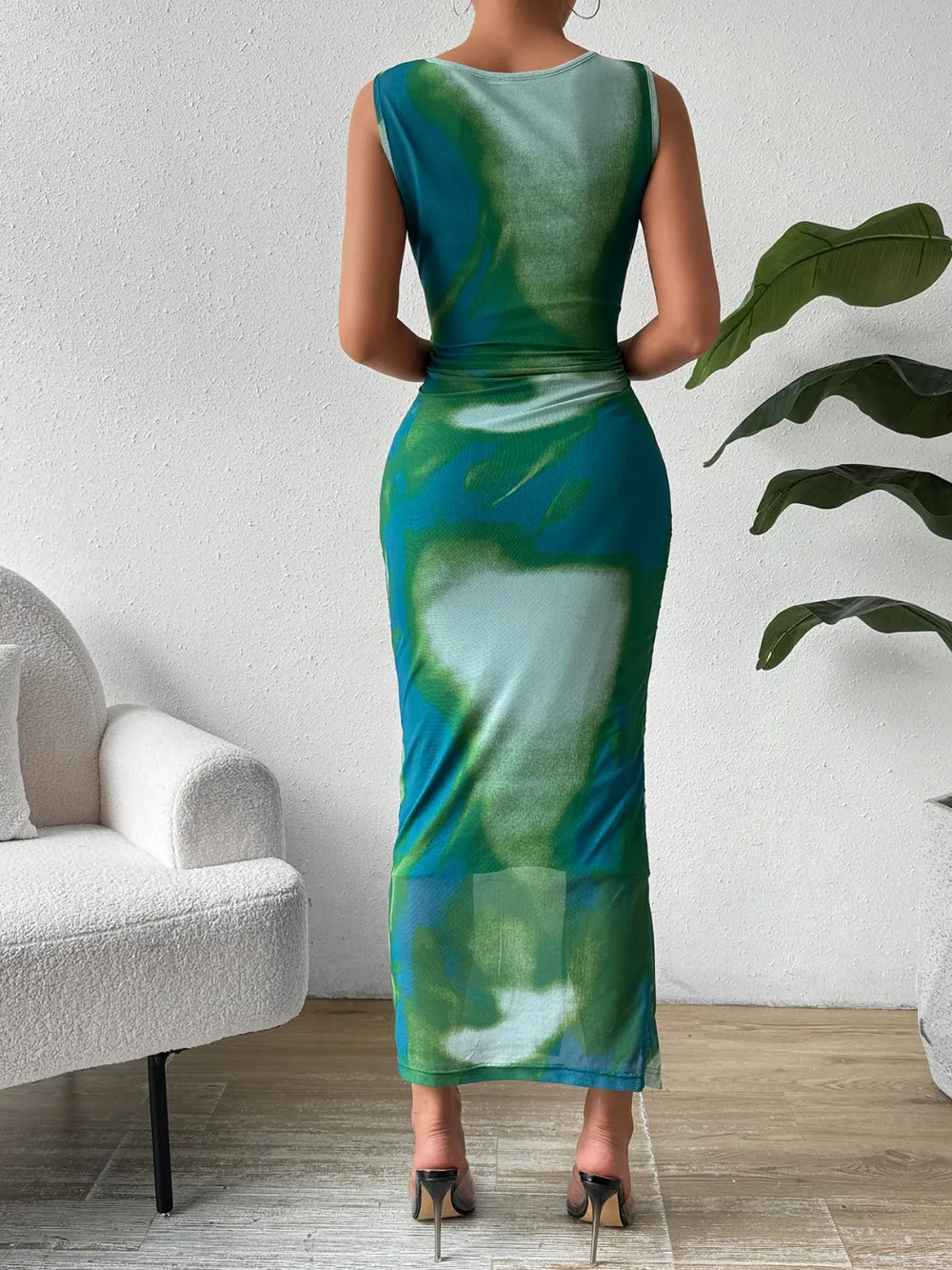 Honey Printed Round-Neck Slit Tank Dress