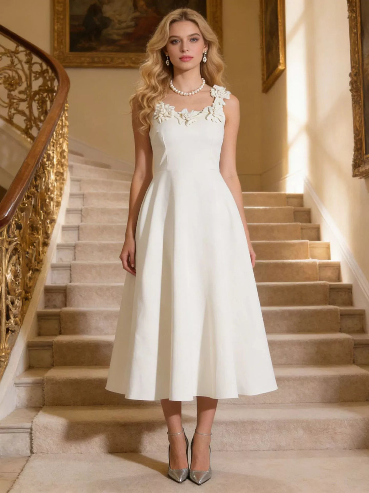 Floral-Embellished Sleeveless Midi Dress