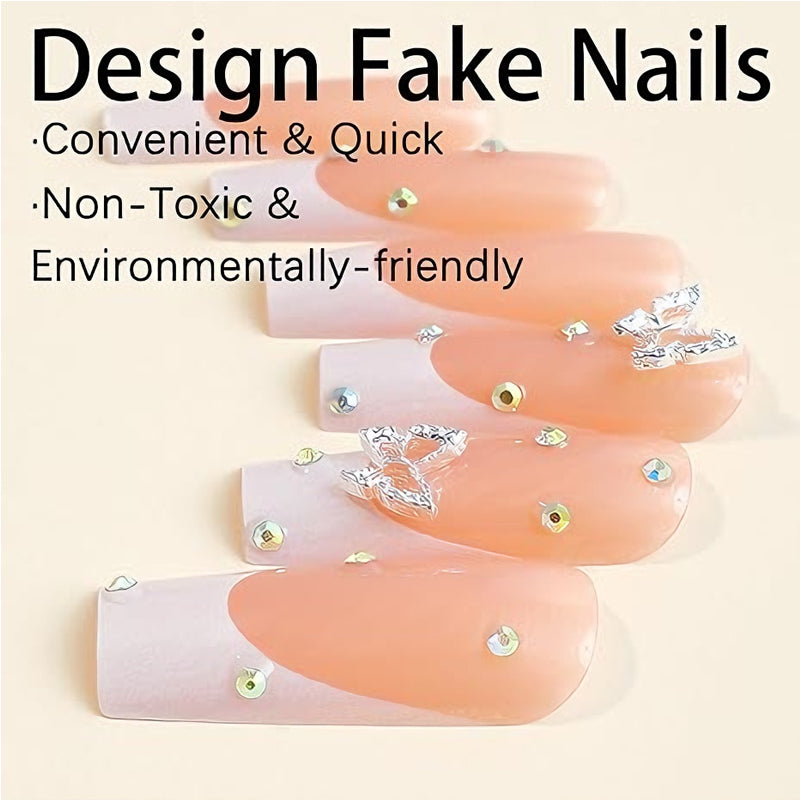 Diamond Butterfly Press-On Nails – 24 PCS Long Square Head Shape | Rhinestone Crystal Glam — Prime Trend Market