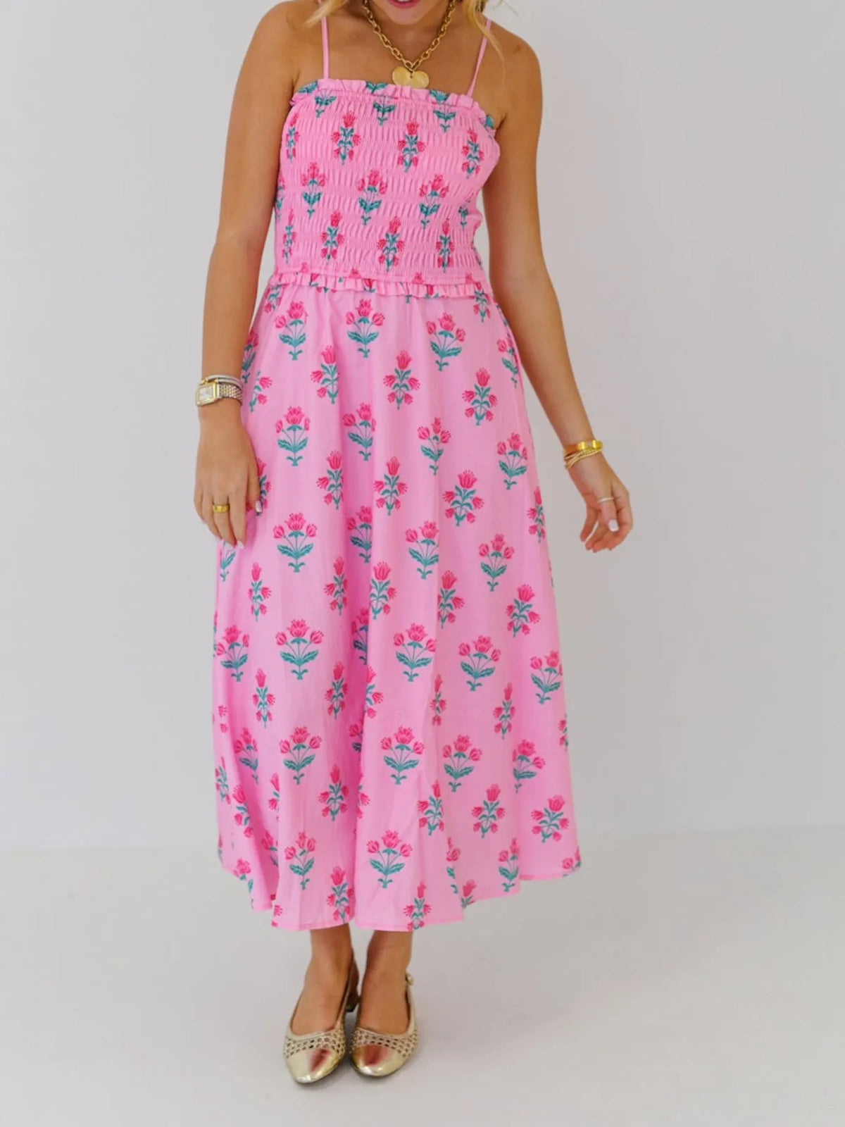 Floral Smocked Adjustable-Strap Midi Dress