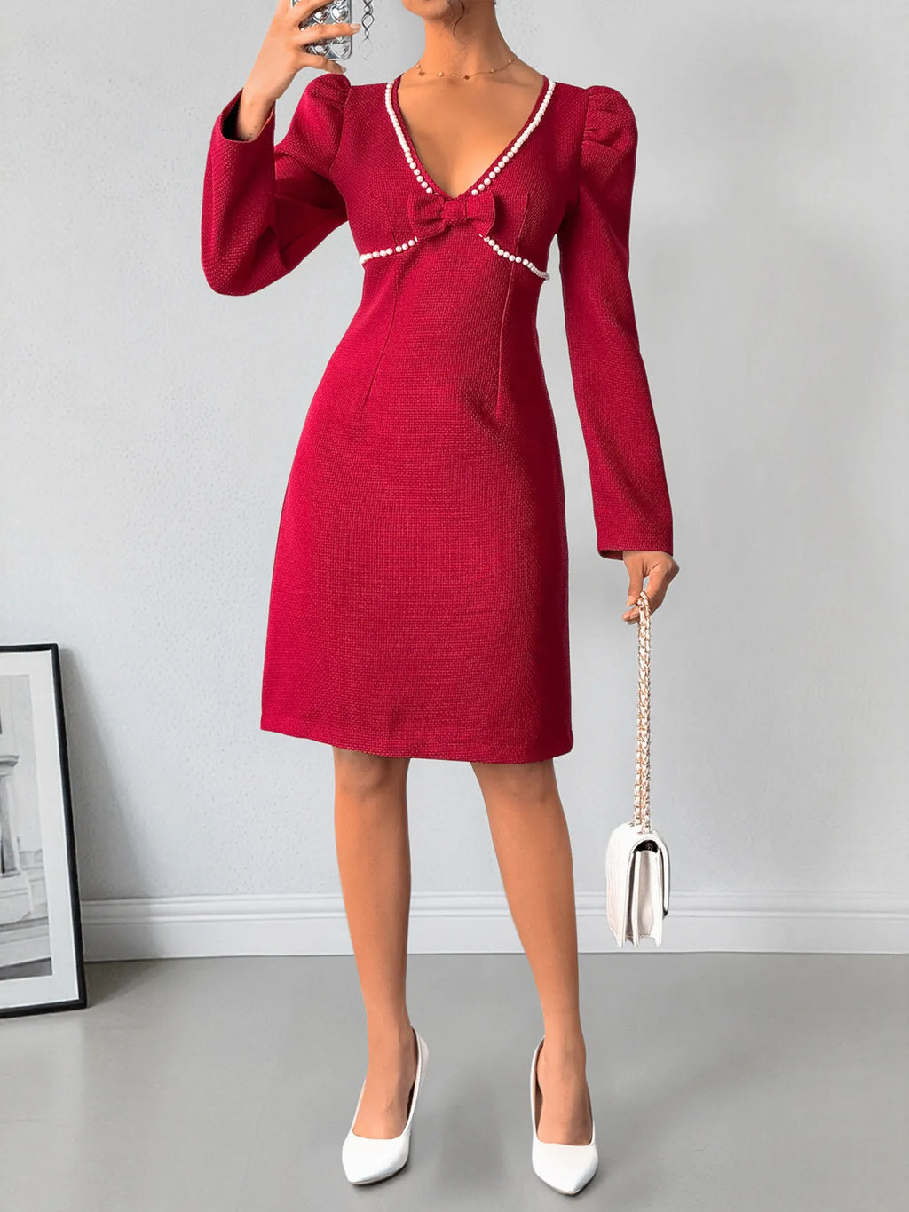 Perfee Pearl-Look Trim V-Neck Long-Sleeve Bodycon Dress